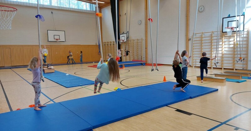Oppilaat kiertävät temppurataa liikuntasalissa, etualalla oppilaat roikkuvat köysissä.